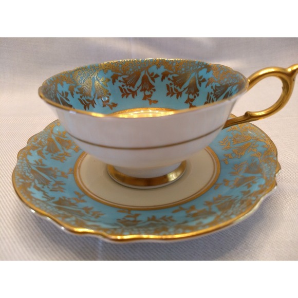 Paragon Teacup Saucer Bluebell Medallion Heavy Gold Gilt Double Warrant Vtg 40s - Picture 10 of 16